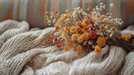 Naklejka premium Vibrant dried flower bouquet placed on a soft, knitted blanket