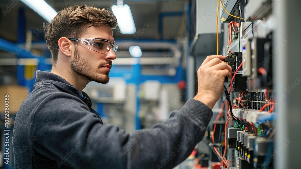 Poster Engineer testing electrical systems in a lab with equipment and tools. 