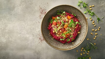 Roasted Beet Hummus in a Ceramic Bowl: Professional Food Photography with Microgreens and Pine Nuts, Clean Composition and Natural Lighting on Concrete Surface.