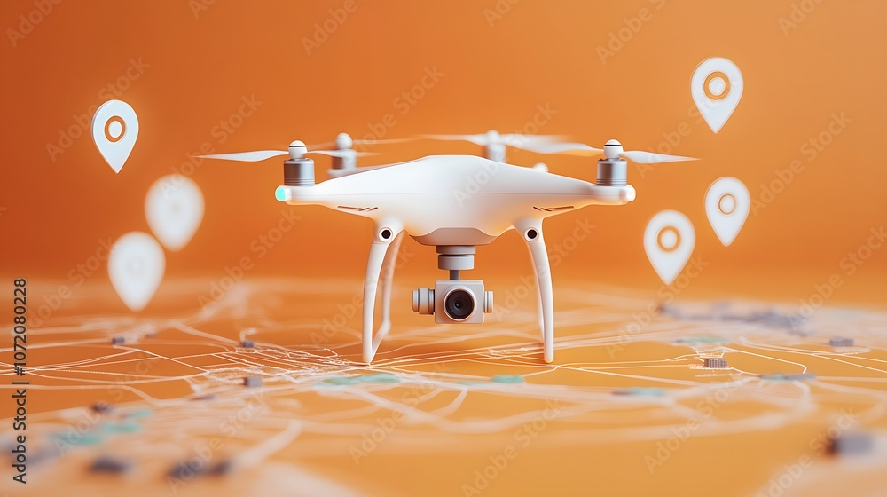 Poster A 3D drone model with 2D mapping and GPS icons floating around, symbolizing innovations in aerial technology, 4k resolution, ultra-realistic, uncluttered background
