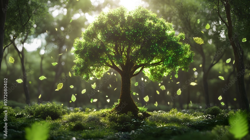Poster A 3D-rendered tree in a lush forest with floating 2D icons of leaves and branches around it, symbolizing nature's growth, 4k resolution, ultra-realistic, uncluttered background