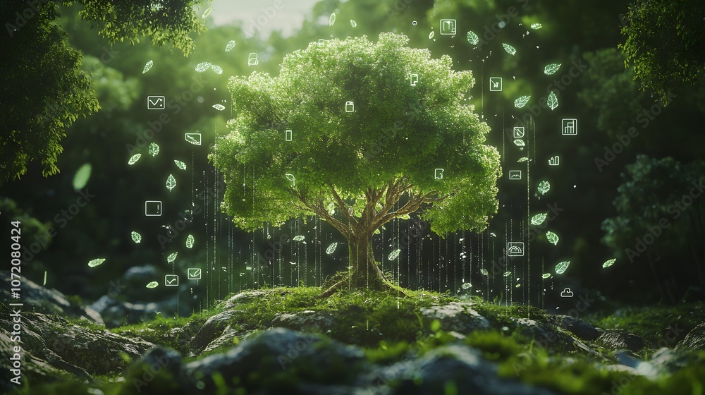 Poster A 3D-rendered tree in a lush forest with floating 2D icons of leaves and branches around it, symbolizing nature's growth, 4k resolution, ultra-realistic, uncluttered background