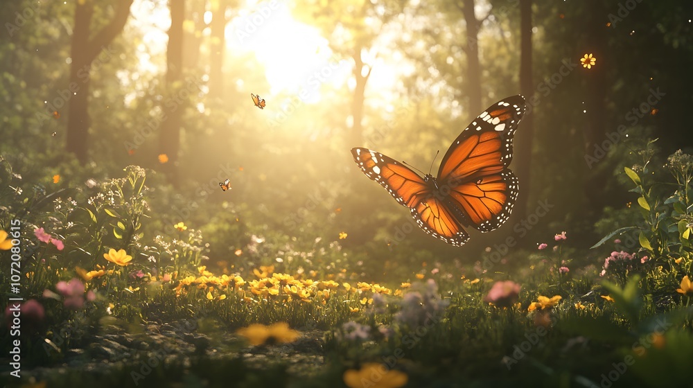 Poster A 3D butterfly hovering in a sunlit forest with floating 2D flower and nectar icons, symbolizing pollination, 4k resolution, ultra-realistic, uncluttered background