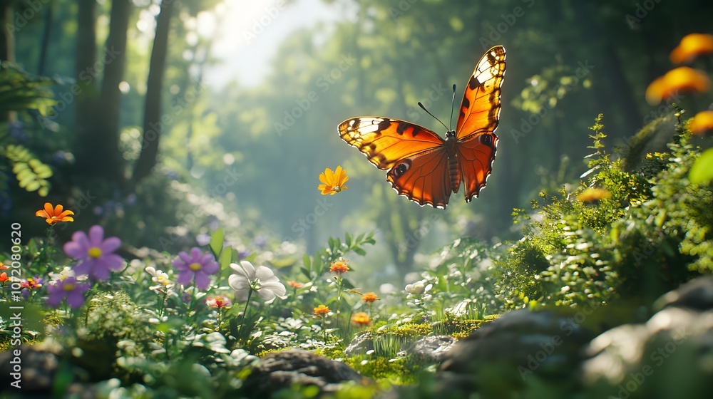 Poster a 3d butterfly hovering in a sunlit forest with floating 2d flower and nectar icons, symbolizing pol
