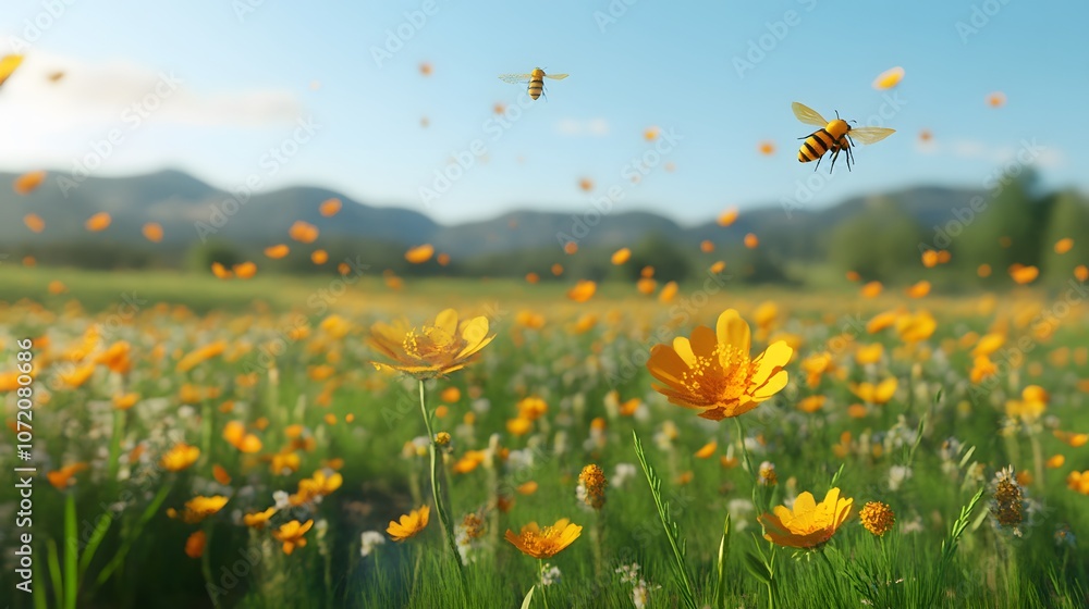 Poster A 3D wildflower meadow with floating 2D bee and pollen icons, representing the role of insects in the ecosystem, 4k resolution, ultra-realistic, uncluttered background
