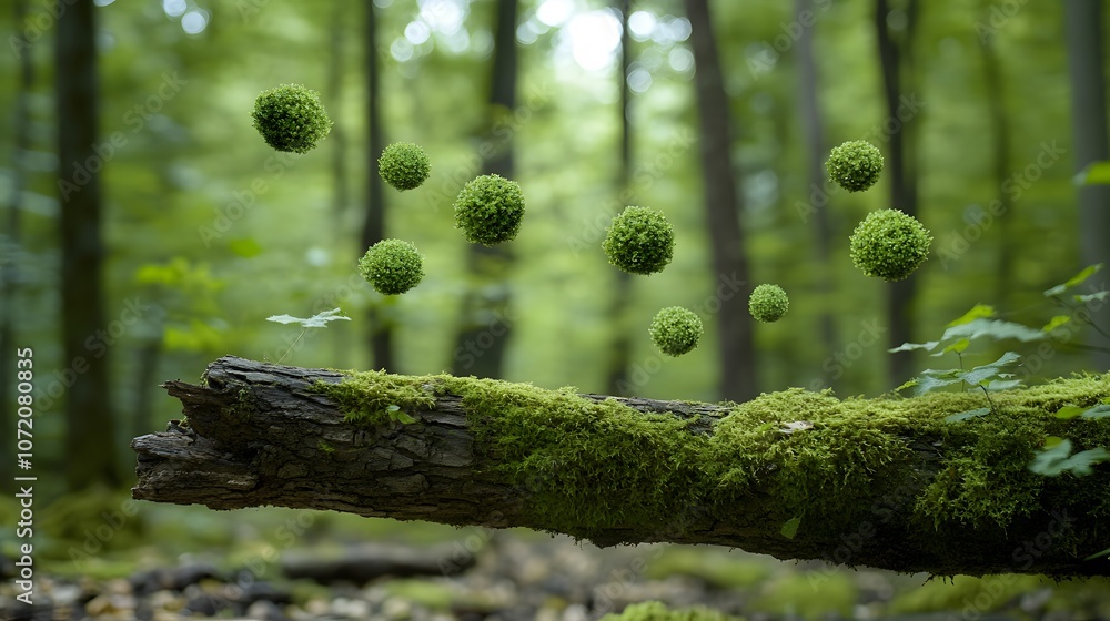 Poster A 3D fallen tree in a forest with floating 2D moss and lichen icons, symbolizing the cycle of life, 4k resolution, ultra-realistic, uncluttered background