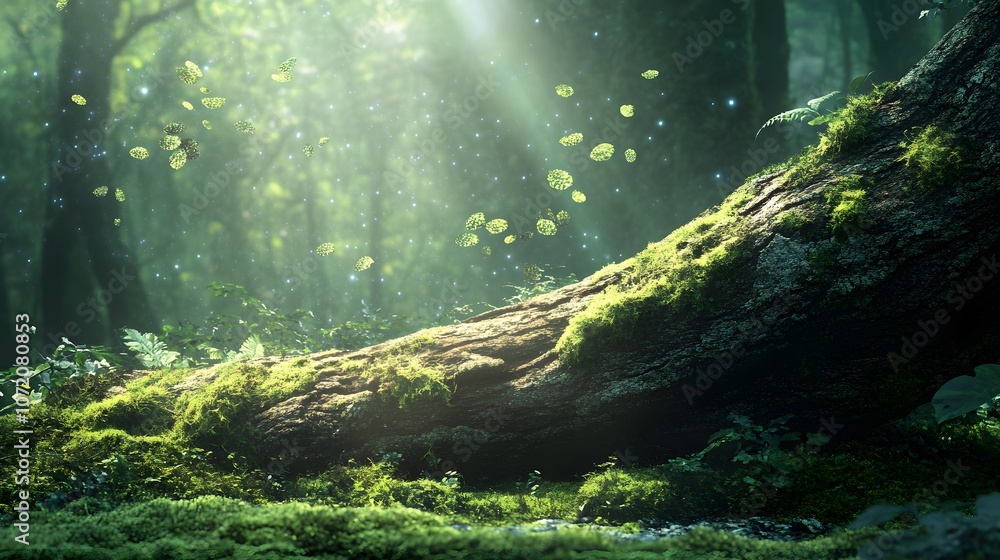 Poster A 3D fallen tree in a forest with floating 2D moss and lichen icons, symbolizing the cycle of life, 4k resolution, ultra-realistic, uncluttered background