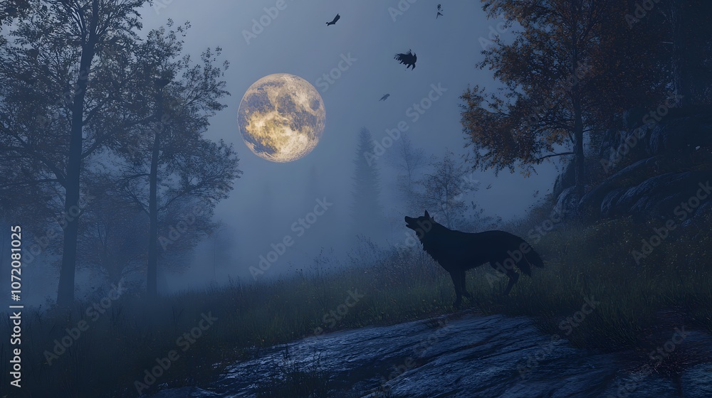 Poster A 3D wolf howling at the edge of a forest with floating 2D moon and echo icons, creating a haunting night scene, 4k resolution, ultra-realistic, uncluttered background