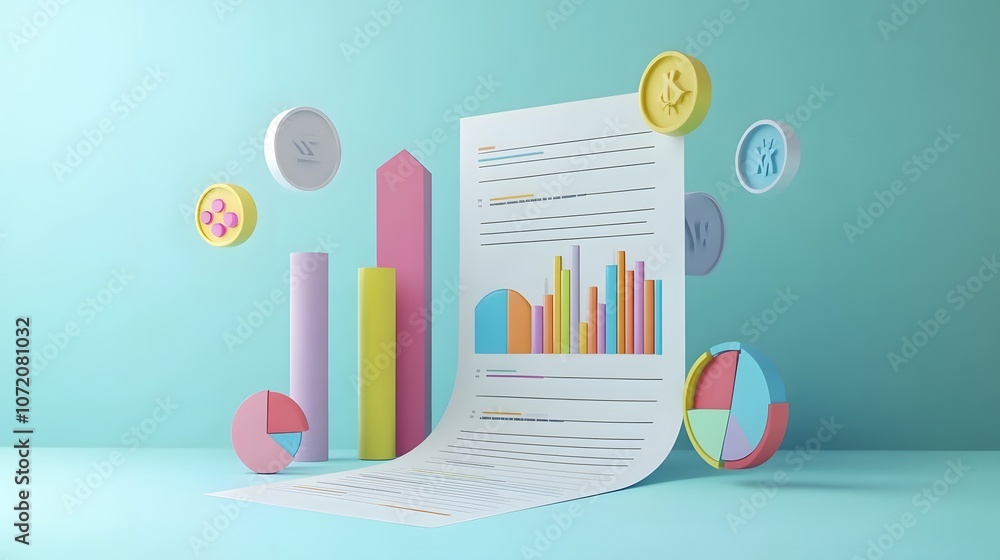 Poster A 3D paper report with colorful data visualization icons, including bar charts, pie charts, and line graphs emerging from the page, on a light blue background, 4k resolution, no background, no shadow