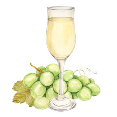 Watercolor branch with white grapes lies on the table and a glass with white wine. Illustration of green berries and leaves isolated on the background. Sparkling wine. Festive cocktail.