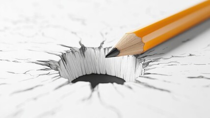 Yellow pencil drawing realistic cracked hole on white paper