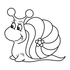 Cartoon Snail with Flower Shell. This is a black-and-white line drawing of a cute, cartoon-style snail with a cheerful expression.