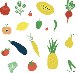 Set with hand drawn Fall colorful doodle fruits and vegetables. Handdrawn red, orange and green fruits, berries, vegetables. Vector collection. Sketch style. Flat icons berries, carrot, onion, tomato.