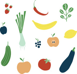 Set with hand drawn Fall colorful doodle fruits and vegetables. Handdrawn red, orange and green fruits, berries, vegetables. Vector collection. Sketch style. Flat icons berries, carrot, onion, tomato.