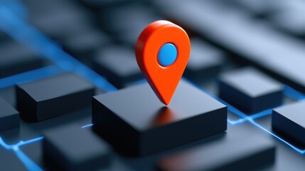 A close-up of a vibrant red location pin placed on a computer keyboard, symbolizing digital navigation and modern technology.