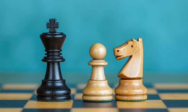 A close-up of chess pieces: a black king, a white pawn, and a knight, symbolizing strategy and competition in the game of chess.