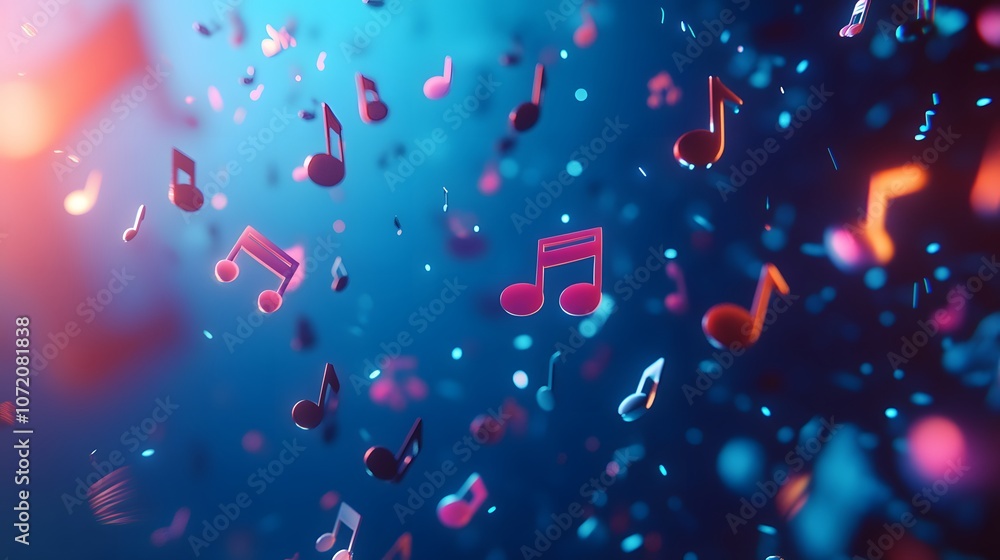 Poster a futuristic 3d music report with icons of musical notes, instruments, and volume controls floating 