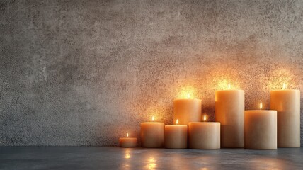 Lit candles of various sizes against concrete wall