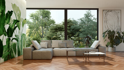 Large luxury modern bright interiors Living room mockup illustration 3D rendering image