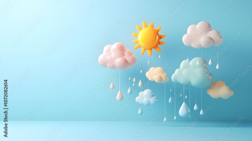 Poster a screen with weather icons like sun, cloud, and raindrops emerging in 3d, creating a weather foreca