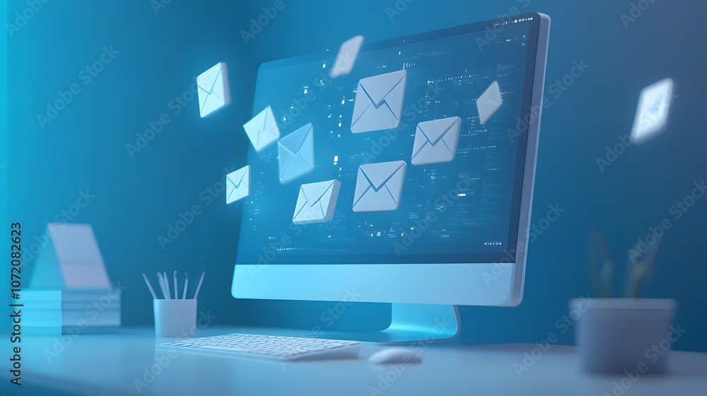 Poster a desktop computer with email icons such as envelope, paper clip, and notification symbols emerging 