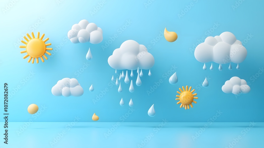 Poster A screen with weather icons like sun, cloud, and raindrops emerging in 3D, creating a weather forecast vibe on a light blue background, 4k resolution, no background, no shadow, no text