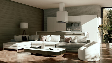 Large luxury modern bright interiors Living room mockup illustration 3D rendering image