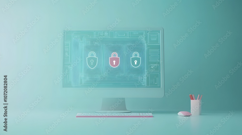 Poster a desktop screen with security icons like padlock, shield, and fingerprint symbols emerging from the