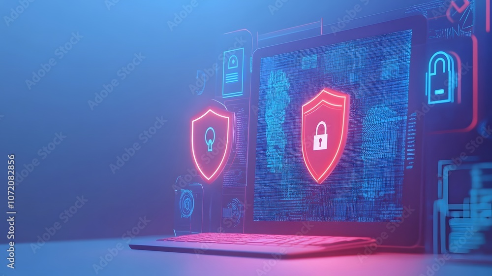 Poster a desktop screen with security icons like padlock, shield, and fingerprint symbols emerging from the