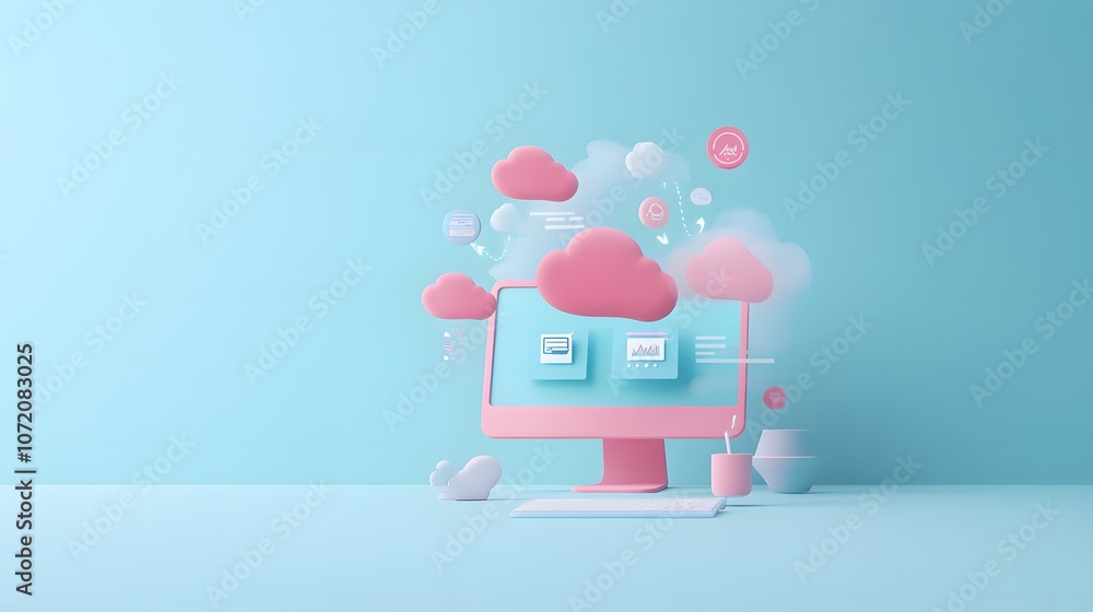 Poster a 3d office computer with cloud storage icons like cloud, upload, and download symbols emerging from