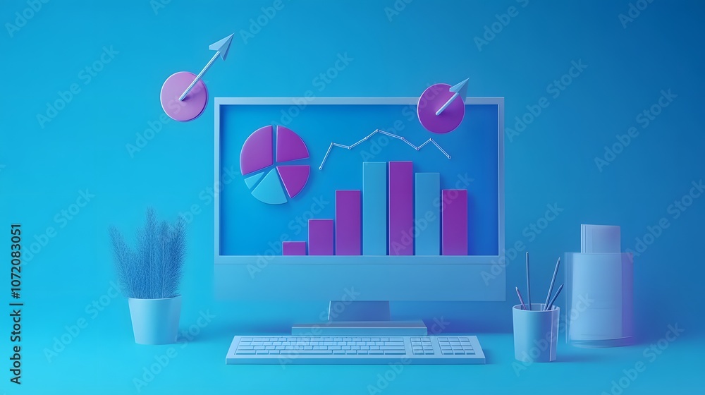 Poster a 3d-rendered office computer with bar chart, pie chart, and upward arrow icons popping out, represe