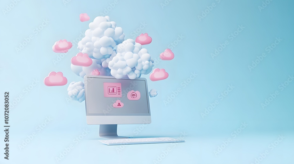 Poster a 3d office computer with cloud storage icons like cloud, upload, and download symbols emerging from