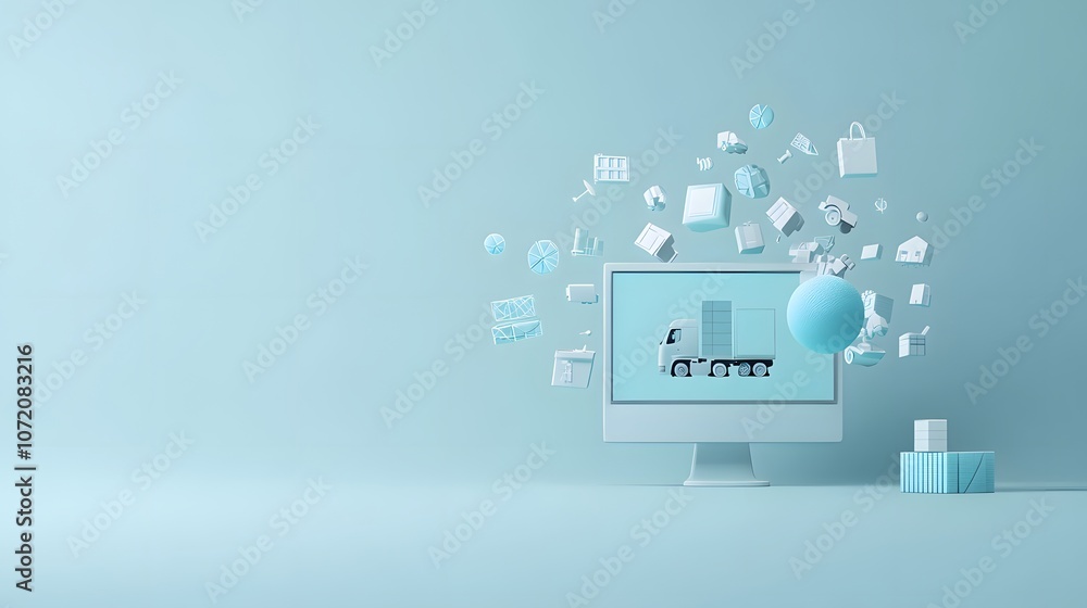 Poster a 3d-rendered computer monitor with supply chain icons like truck, warehouse, and package symbols em