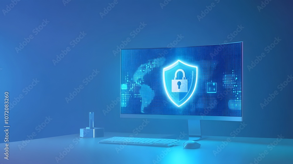 Poster a desktop display with digital security icons like padlock, shield, and key emerging, representing c