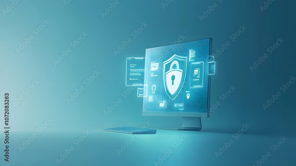 Aufkleber a desktop display with digital security icons like padlock, shield, and key emerging, representing c