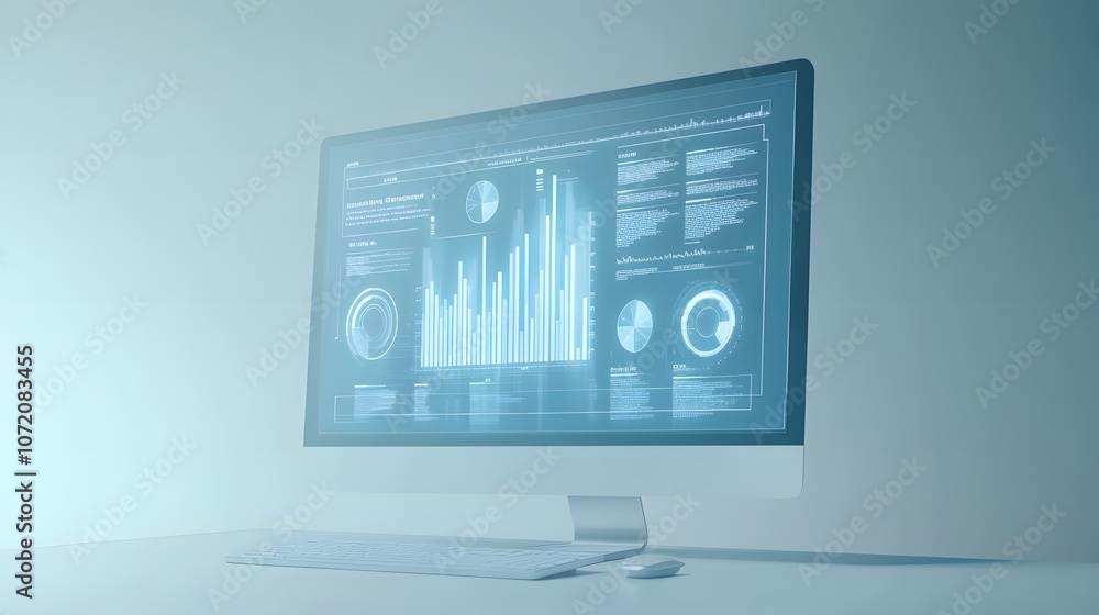 Poster A computer screen with resource allocation icons like bar chart, pie slice, and time allocation emerging, symbolizing resource planning, on a light blue background, 4k resolution, no background, no