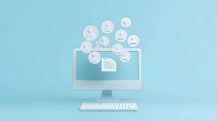 A 3D office computer with HR icons like resume, team icon, and candidate evaluation popping out, representing human resources, on a pastel blue background, 4k resolution, no background, no shadow, no