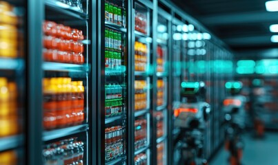 A vibrant display of colorful beverage shelves with assorted drinks, showcasing bright packaging in a modern store environment.