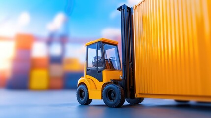 Naklejka premium A vibrant close-up of a yellow forklift maneuvering a shipping container in a busy warehouse setting.