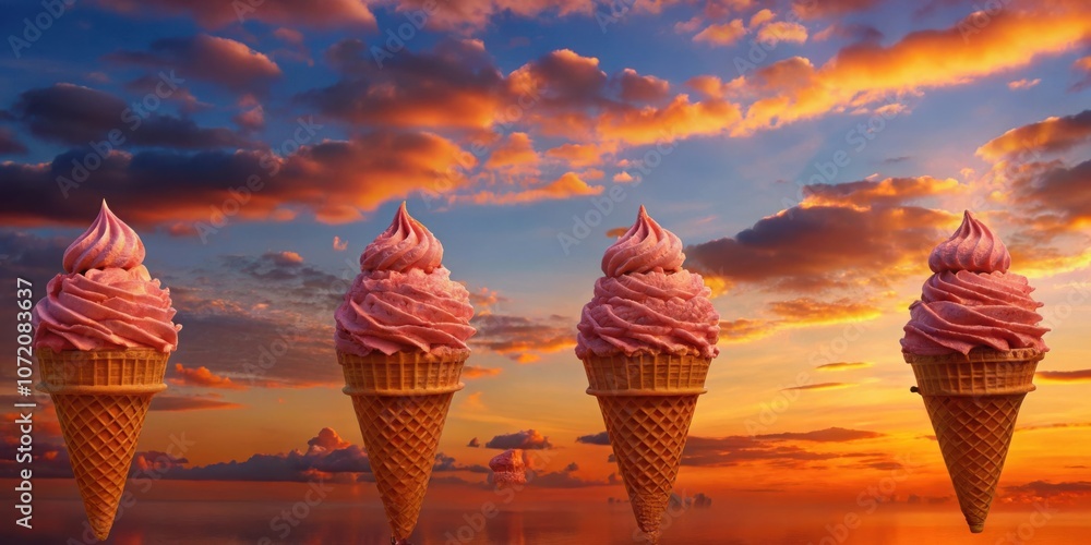 Aufkleber four ice cream cones float in the air against a backdrop of a vibrant sunset sky, creating a whimsic