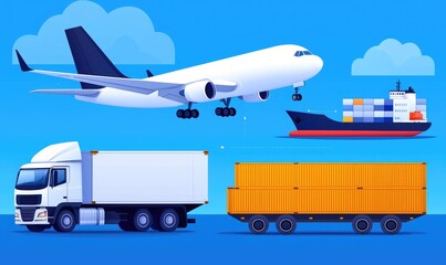 A vibrant illustration of transport modes including a plane, ship, truck, and container. Ideal for logistics and shipping themes.