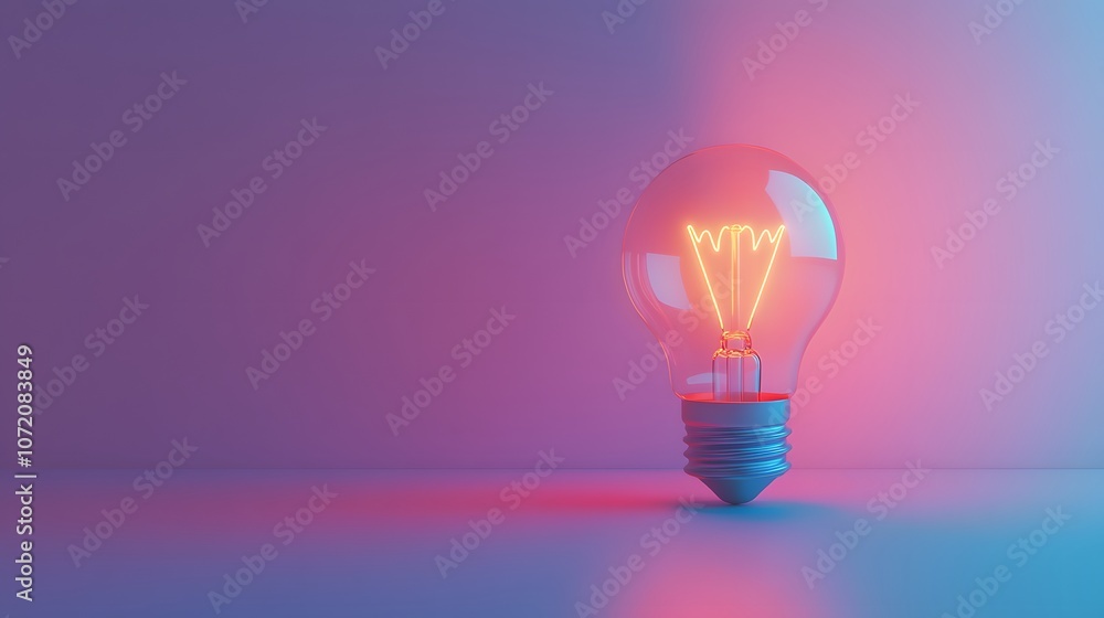 Poster a 3d light bulb icon with a glowing effect, symbolizing ideas and innovation, centered on a plain ba