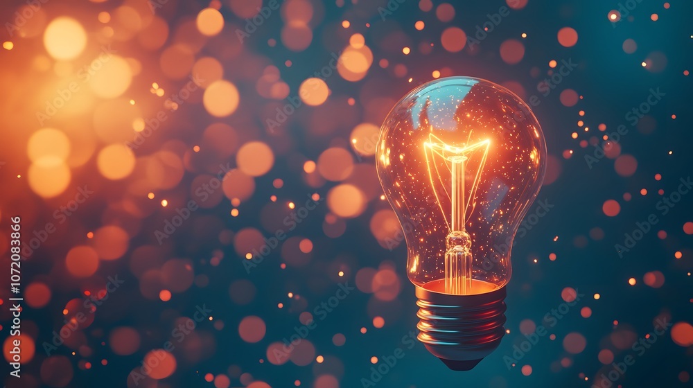 Poster a 3d light bulb icon with a glowing effect, symbolizing ideas and innovation, centered on a plain ba
