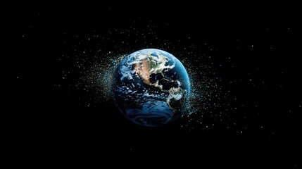Earth Surrounded by Space Debris in Dark Background