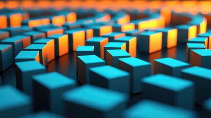 Obraz premium An abstract composition featuring vibrant blue and orange cubes arranged in a dynamic, maze-like pattern, evoking creativity and innovation.