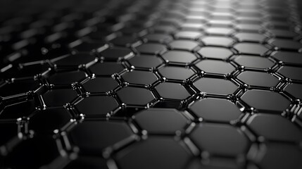 Naklejka premium A close-up view reveals the microscopic structure of graphene, showcasing hexagonal arrangements of carbon atoms in a perfectly formed lattice that emphasizes its unique properties. 