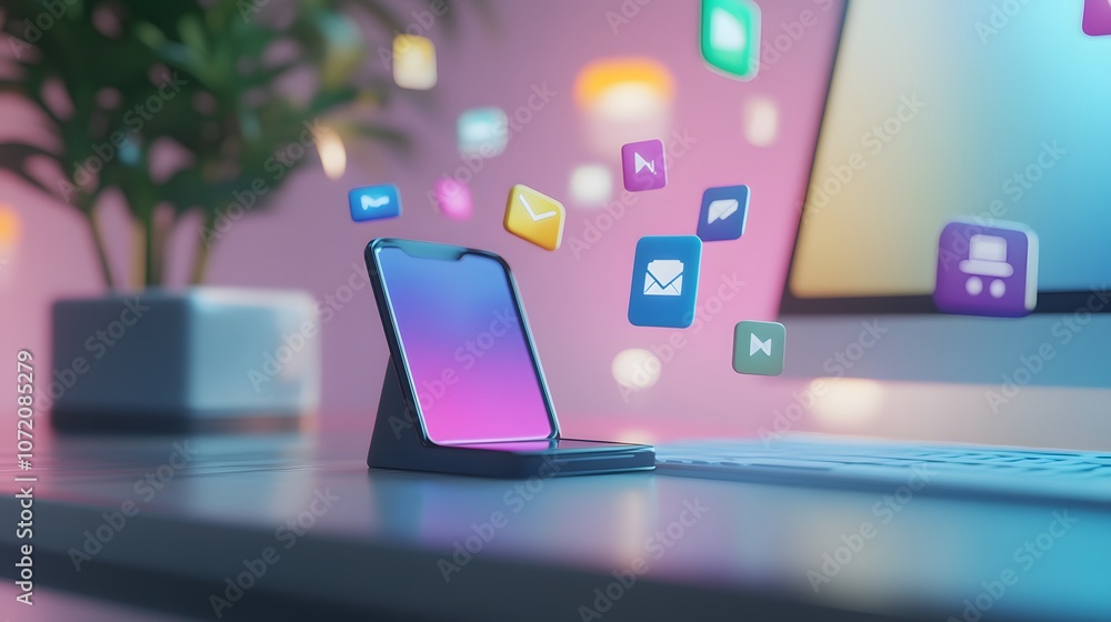 Poster a workspace with a 3d phone lying on the desk and 2d messaging icons popping up around it, symbolizi