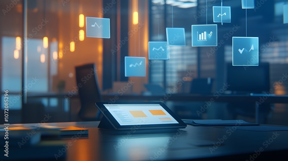 Poster a 3d office scene with a tablet on a desk, featuring 2d project management icons like tasks, deadlin