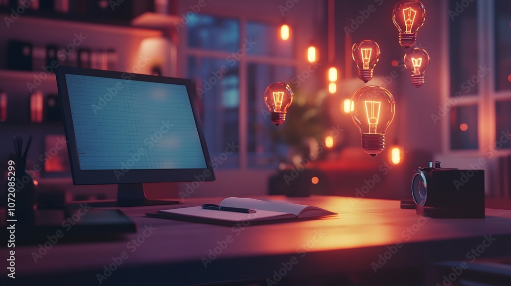 Poster a modern office with a 3d notebook and pen on the desk, with 2d idea icons like light bulbs and brai