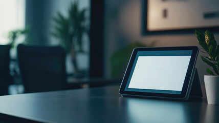 Tablet on office desk with modern decor and plants